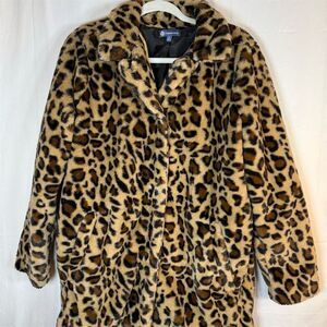 Democracy Coat Womens Size S Leopard Print Faux Fur Open Front Tan Brown